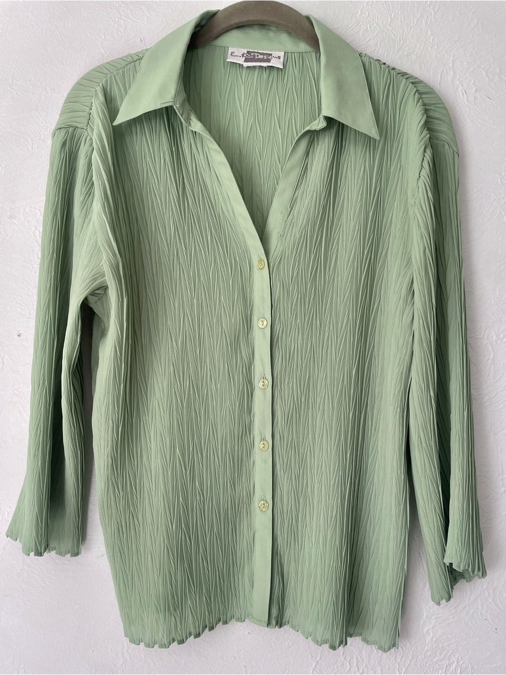 Y2K Semi-sheer Crinkle Stretch Pistachio Button Up Blouse